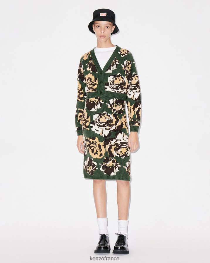 vêtements Kenzo jupe midi en laine à fleurs de pixel kaki femmes LFF6X0649