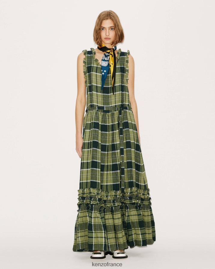 vêtements Kenzo robe en lin à carreaux herbe verte femmes LFF6X0661