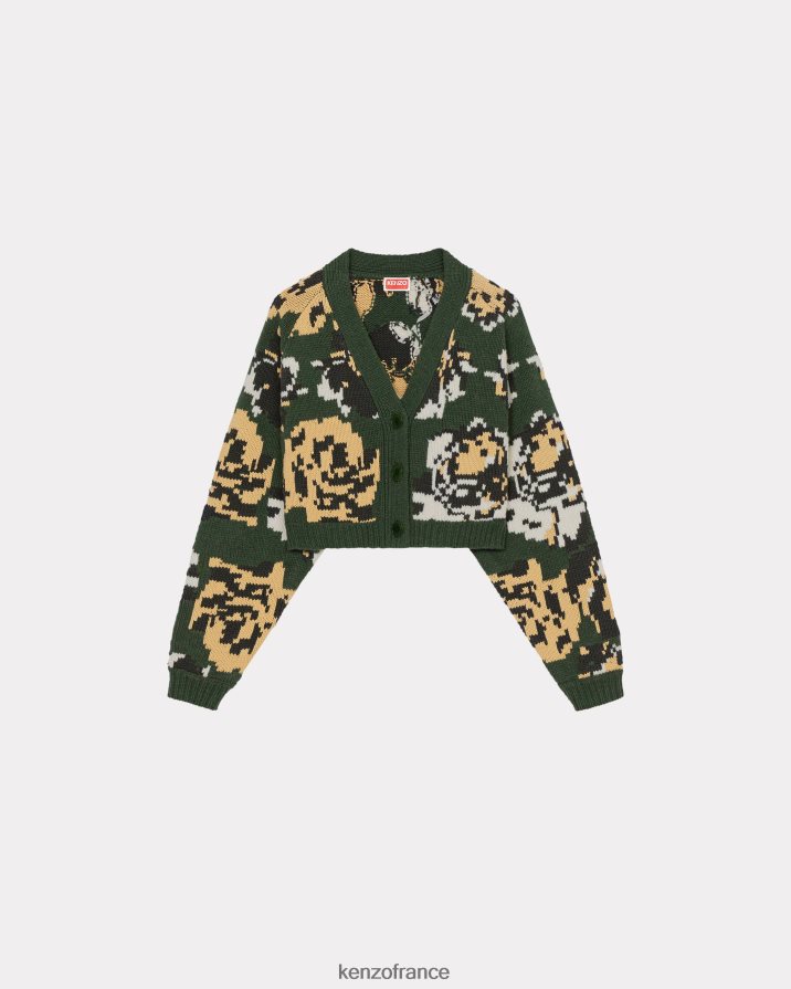 vêtements Kenzo cardigan court en laine à fleurs de pixels kaki femmes LFF6X0508