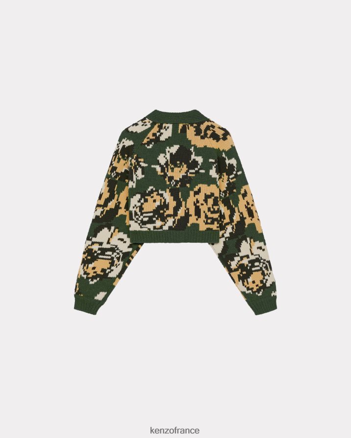 vêtements Kenzo cardigan court en laine à fleurs de pixels kaki femmes LFF6X0508