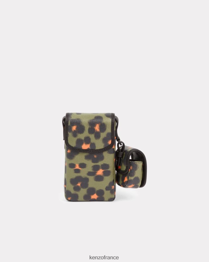 accessoires Kenzo support de téléphone Hana Leopard sur une sangle kaki unisexe LFF6X0939